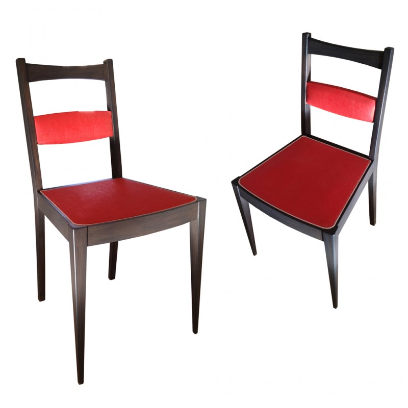 Chaises année 60 Bois et vinyle, gris anthracite et orange corail Quantité 8 Vendu par paire 70 euros soit 35 euros la chaise