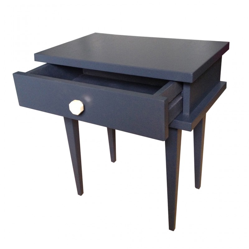 Table de chevet année 60, peinture bleu ardoise et poignée en corne.Vendu